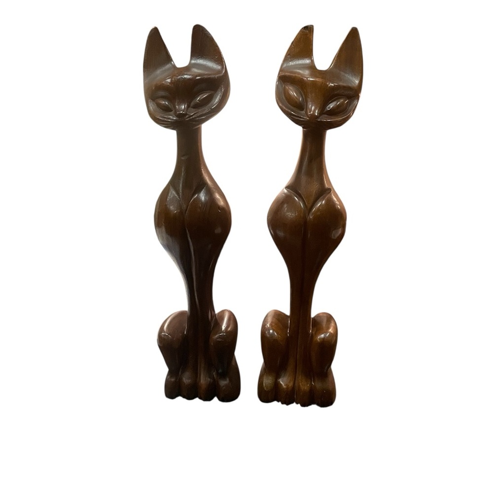 MCM Handcrafted Monkey Pod Cat Sculptures Rare Find